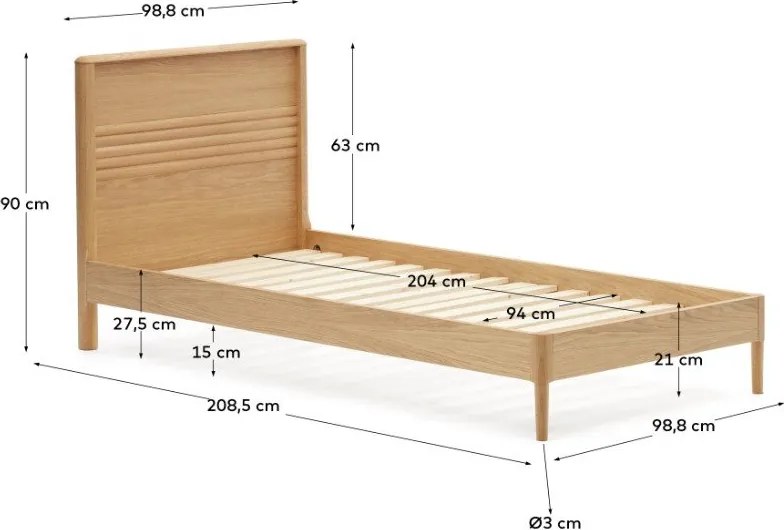 Natúr színű tölgyfa egyszemélyes ágy ágyráccsal 90x200 cm Lenon – Kave Home