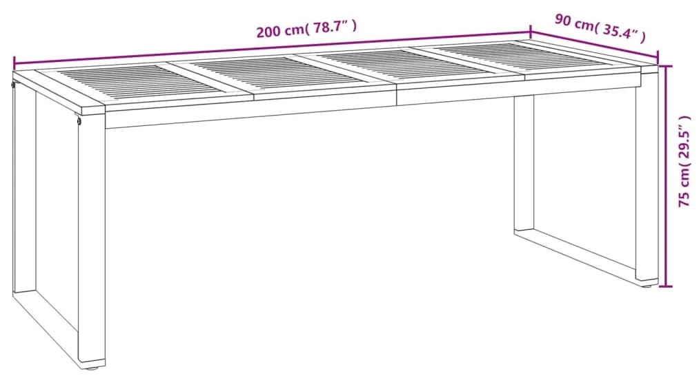 tömör akácfa kerti asztal U-alakú lábakkal 200 x 90 x 75 cm