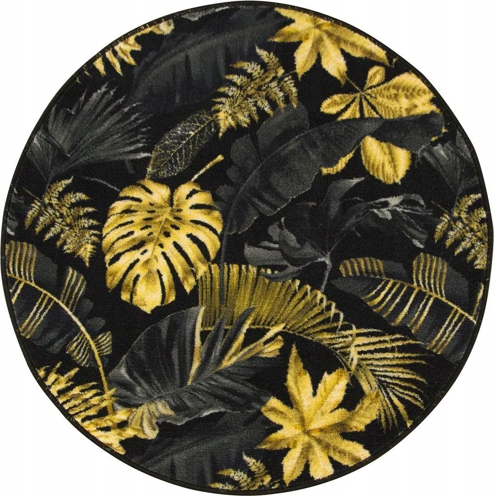 Csúszásgátló Szőnyeg Kerek Fekete Arany Monstera Pálmalevél átm. 80 cm