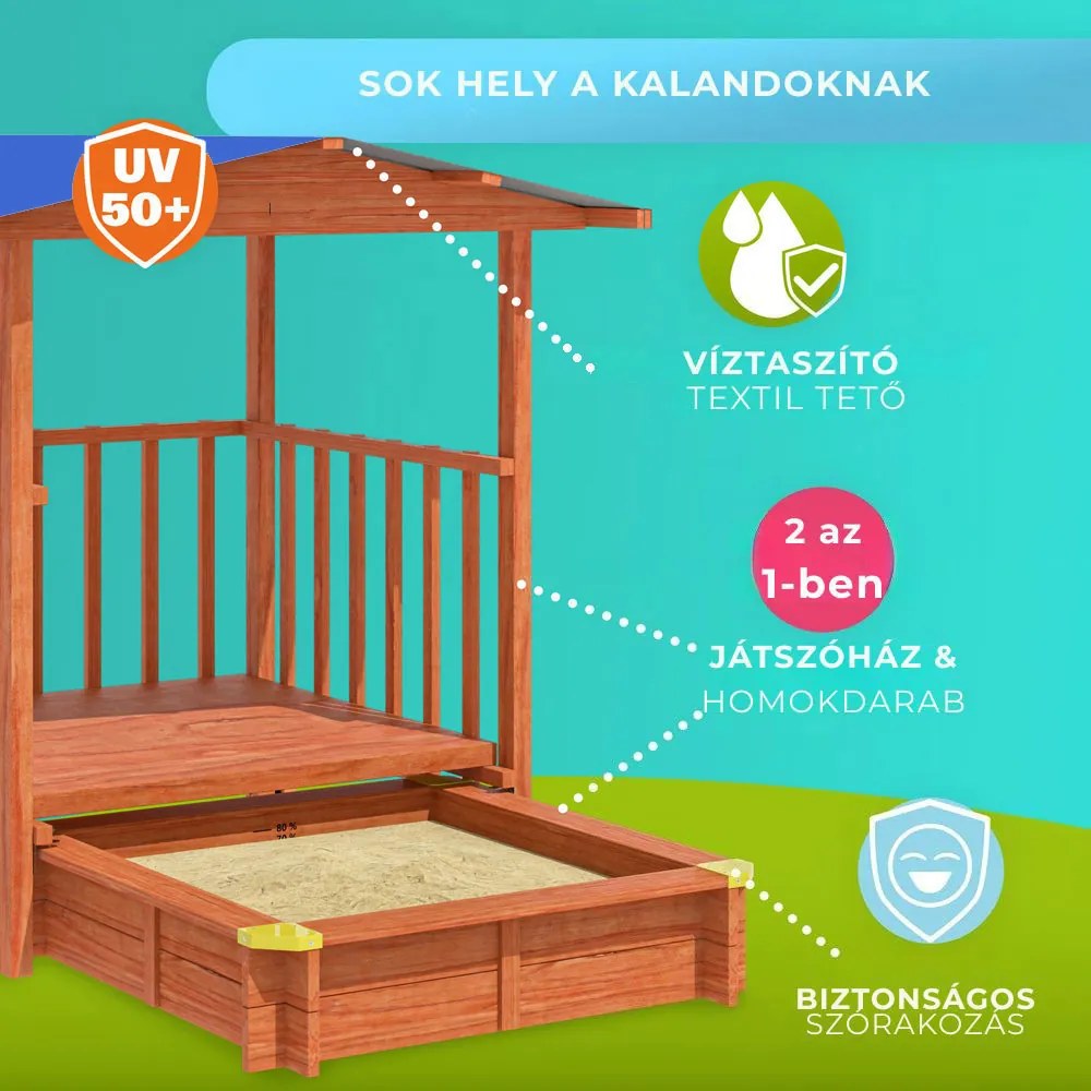 SUNNY verandás homokozó, 130x130x143cm, barna/kék Jurhan