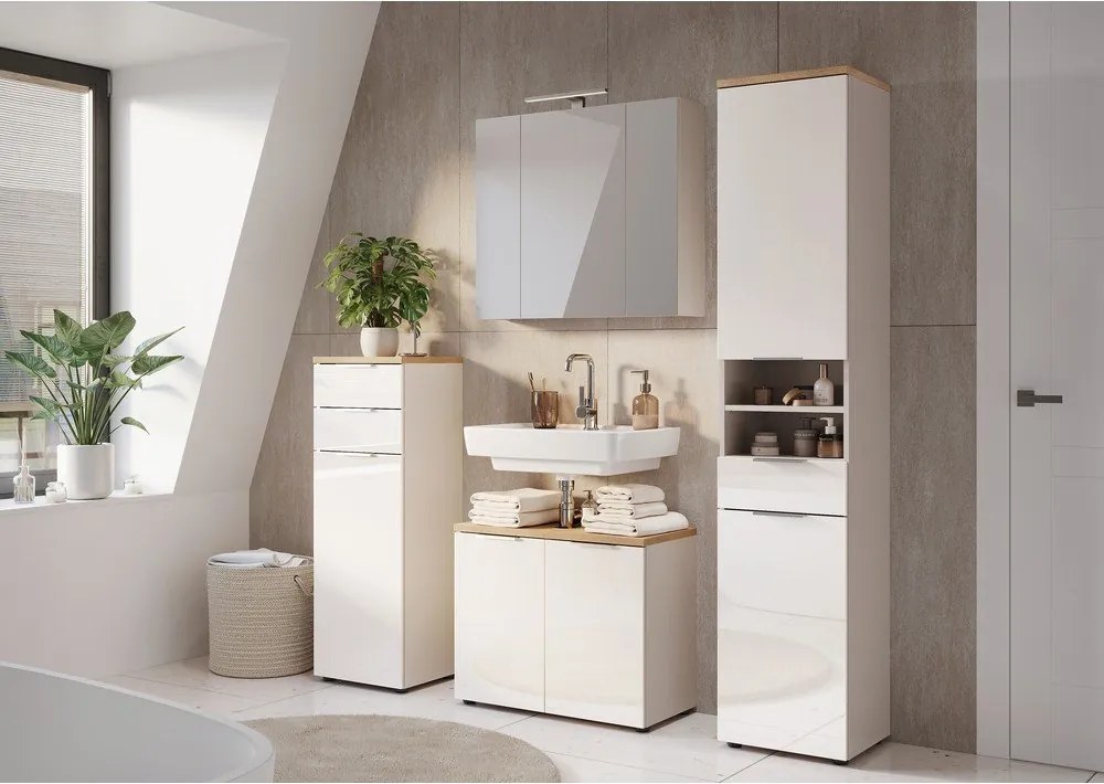 Krémszínű fényes magas-keskeny fürdőszoba szekrény 39x190 cm Tavira – Germania