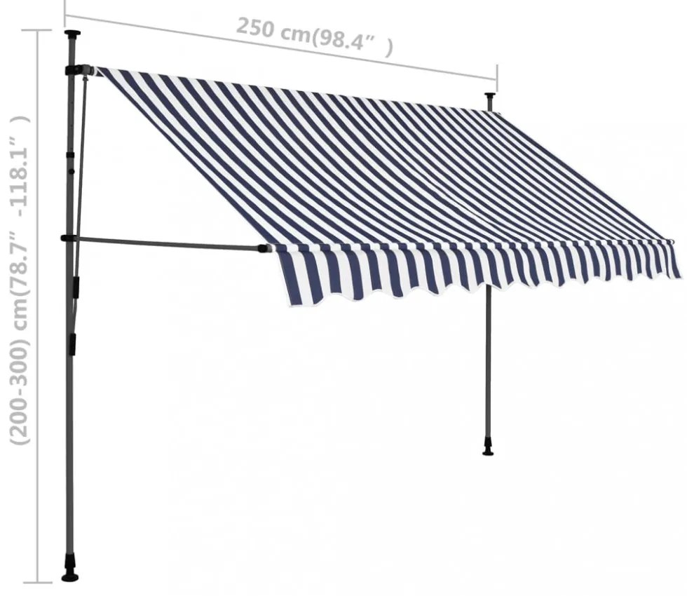 kék és fehér kézzel kihúzható LED-es napellenző 250 cm