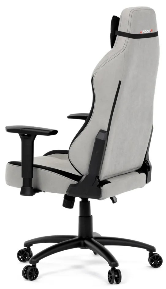 Scaun pivotant gamer, material argintiu, structură balansoar, poziționare spătar 90°-180°, cotiere 3D, perne din spumă cu memorie