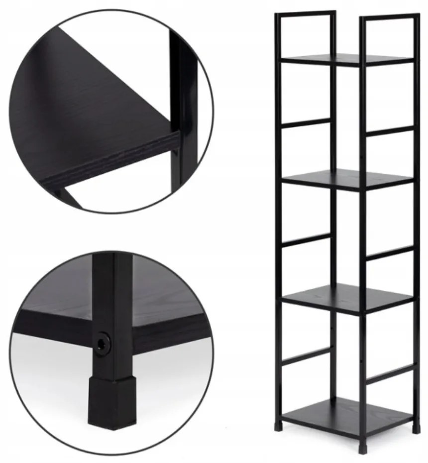 Fekete 4 szintes nyitott könyvespolc, tároló állvány fém lábakkal - 29x112cm Intenso