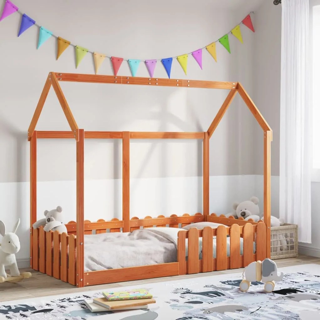 viaszbarna tömör fenyőfa házikó gyerekágykeret 80 x 160 cm
