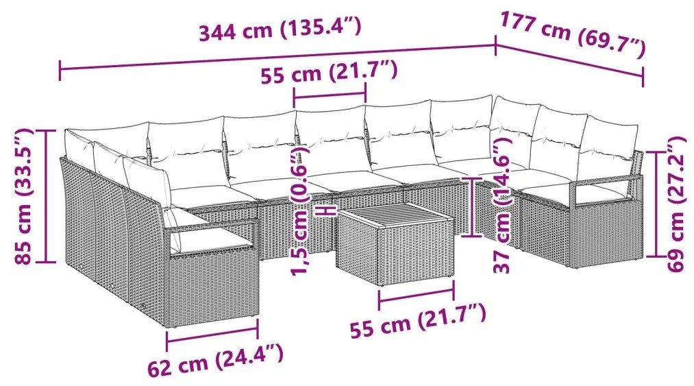 11 Darabos Kerti Kanapé Szett Párnákkal Fekete Poli Rattan Akáccal, 2-Fős Kerti Kanapé Párnákkal Fekete Poli Rattan
