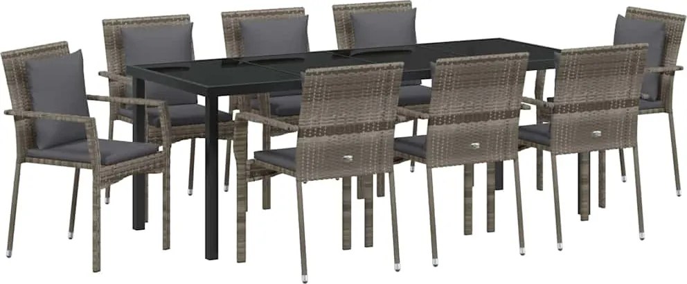 vidaXL Kert étkező szett párnával 9 pcs Szürke polirattan