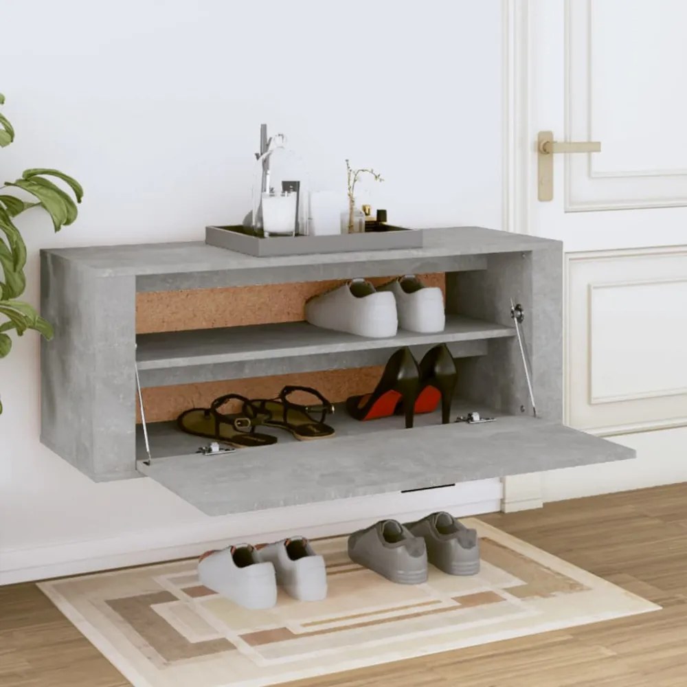 betonszürke szerelt fa fali cipőszekrény 100x35x38 cm