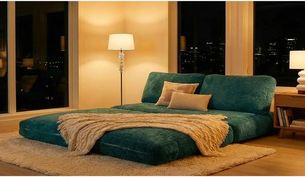 Kékeszöld buklé kinyitható kanapé 150 cm Faster – Mauro Ferretti