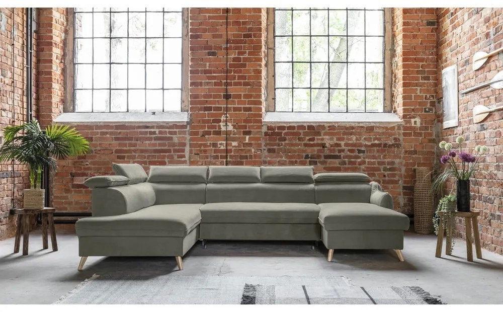 Világosszürke bársony kinyitható sarokkanapé (bal oldali-"U" alakú) Sweet Harmony – Miuform