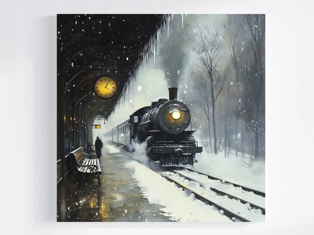 Vászonkép Canvas Akvarell Utazás Vasút Vonat Állomás Gőzmozdony 40x40