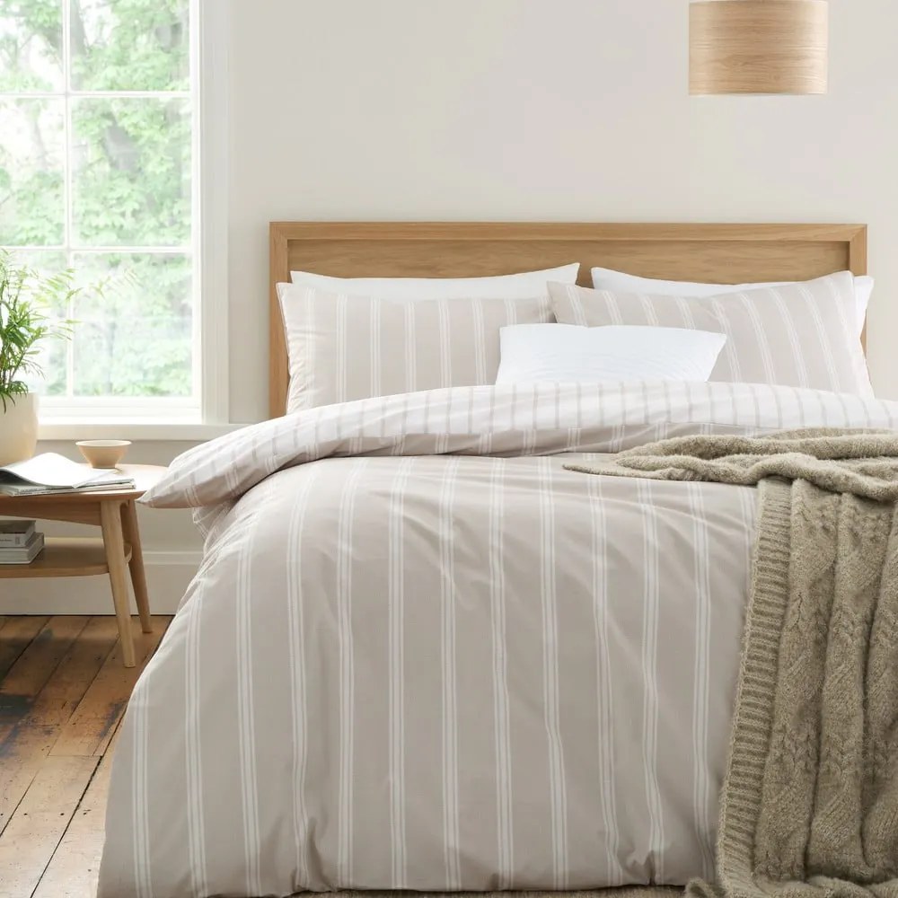 Bézs kétszemélyes pamut ágyneműhuzat 200x200 cm Ashford Stripe – Bianca