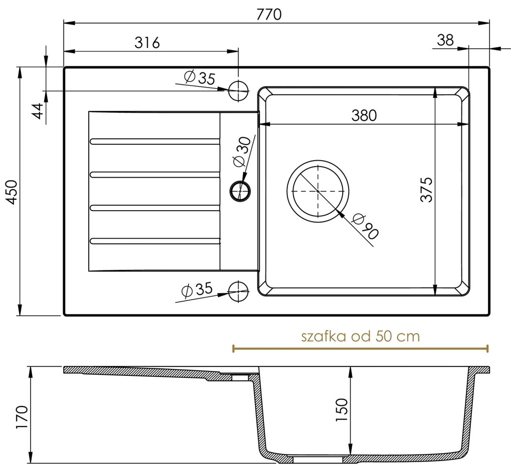 Mosogató Quality Natalie, konyhai gránit mosogató 770x450x170 mm + króm szifon, fehér, SKQ-NAT.W.1KDO.X