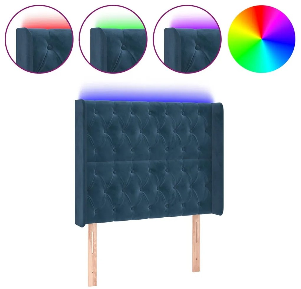 sötétkék bársony LED-es fejtámla 103x16x118/128 cm