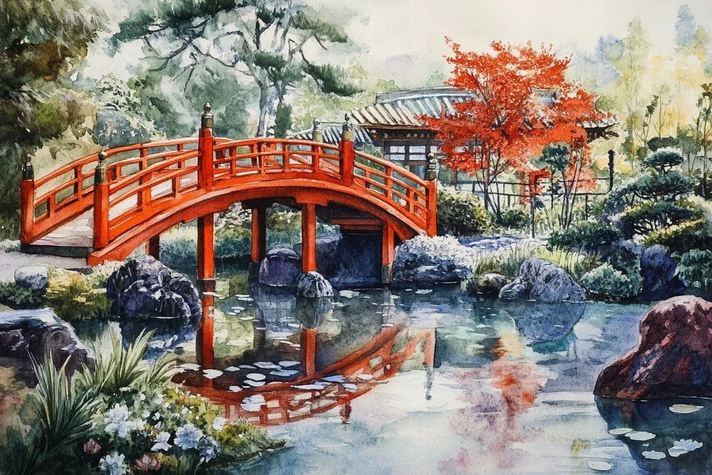 Vászonkép Canvas Japán Kert Híd Tó Akvarell 60x40