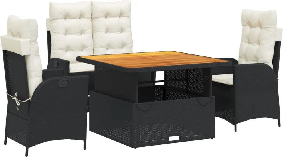 vidaXL 4 részes fekete polyrattan kerti étkezőszett párnákkal