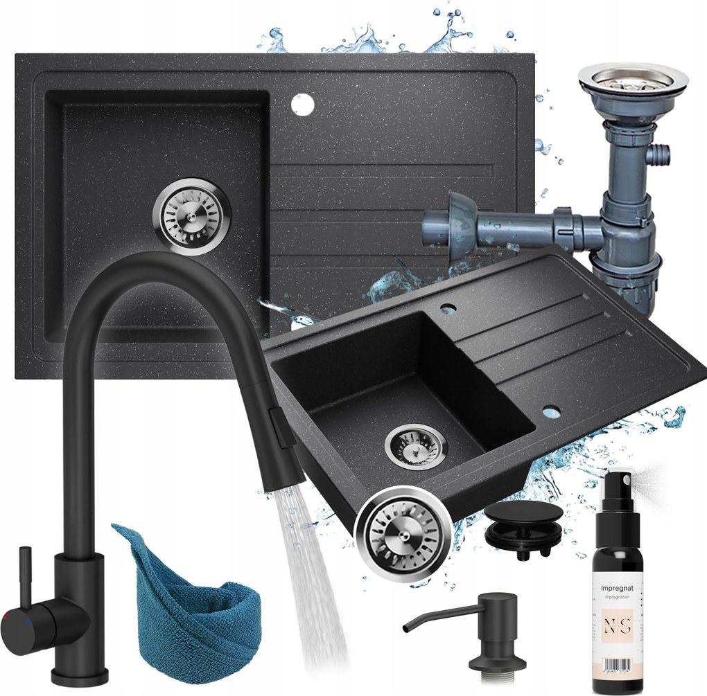 Gránit mosogató fekete szett: mosogató szifon csaptelep adagoló csepegtető