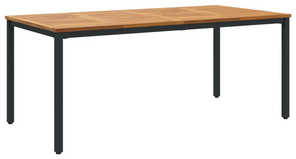 7 részes kerti étkező garnitúra Fekete Poli Rattan Akác, Egymásra rakható kerti székek párnákkal 2 db Fekete Poli Rattan, Kerti asztal 180x90x75 cm Szilárd Akácfa és Fém