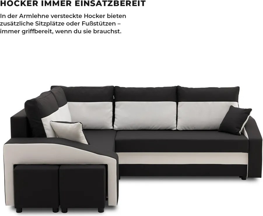 Grande sarokkanapé polcokkal és puffokkal , polc a jobb karfaban puffok a bal karfaban, baloldali, szövet anyag, bonell töltet, fekete - fehér