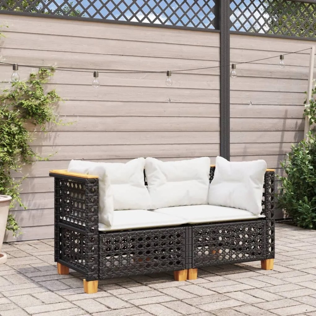 2 db fekete polyrattan kerti sarokkanapé párnákkal