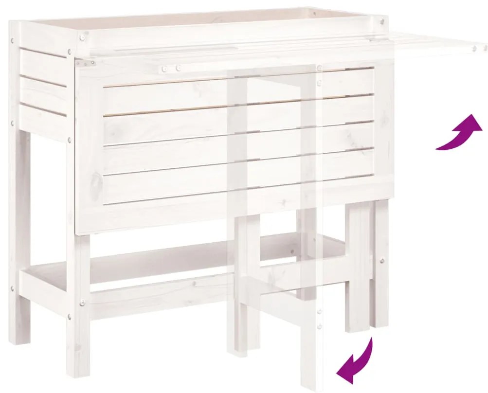 fehér tömör fenyőfa kerti ültetőláda összecsukható asztallappal