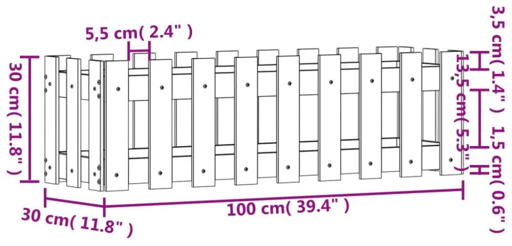 fekete tömör fenyőfa kerti magaságyás kerítéssel 100x30x30 cm