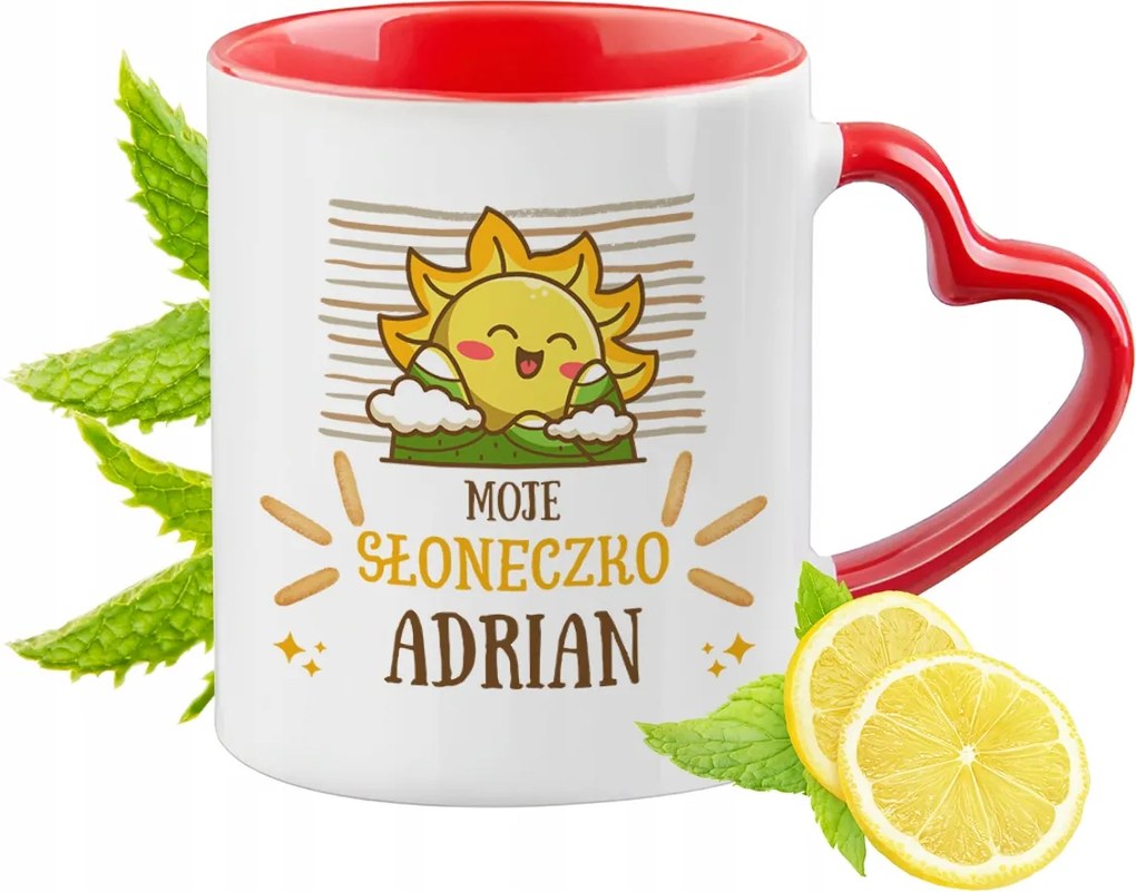 Piros bögre szív alakú füllel Adriannek ajándékba