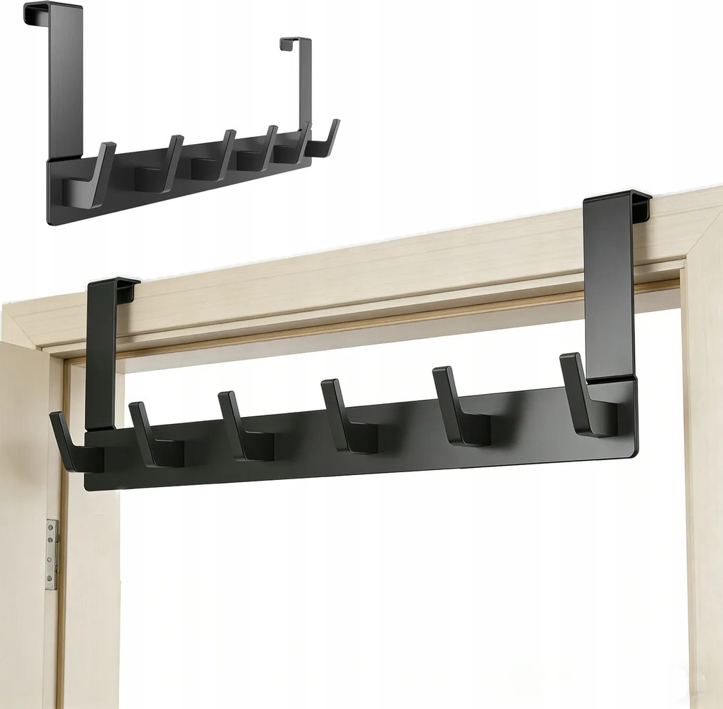 Ajtó akasztóléc fekete, loft stílusú, fém, 6 akasztós, 40cm