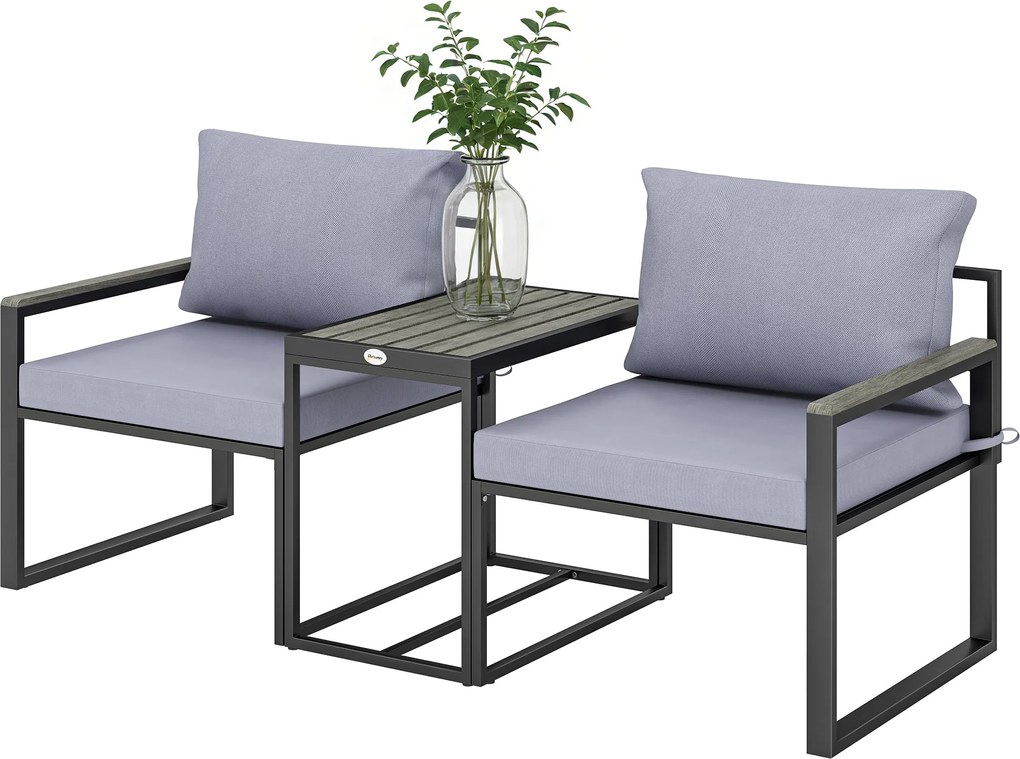 Outsunny 3 részes erkély bistro szett – 2 fotel és kisasztal levehető légáteresztő párnákkal, acél kerti bútor, szürke | Aosom