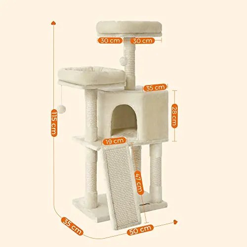 Macska kaparófa, 115 cm macskalakás kaparó rámpával, bézs