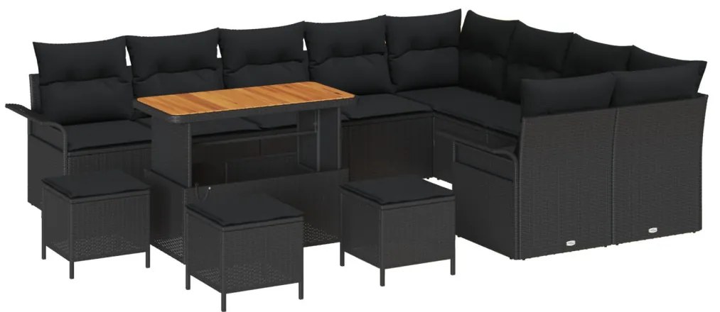 12 Darabos Kerti Kanapészett Párnákkal Fekete Poli Rattan Akác, 3 Darabos Kerti Étkező Szett Párnákkal Fekete Poli Rattan Akác, 2-Fős Kerti Kanapé Párnákkal Fekete Poli Rattan