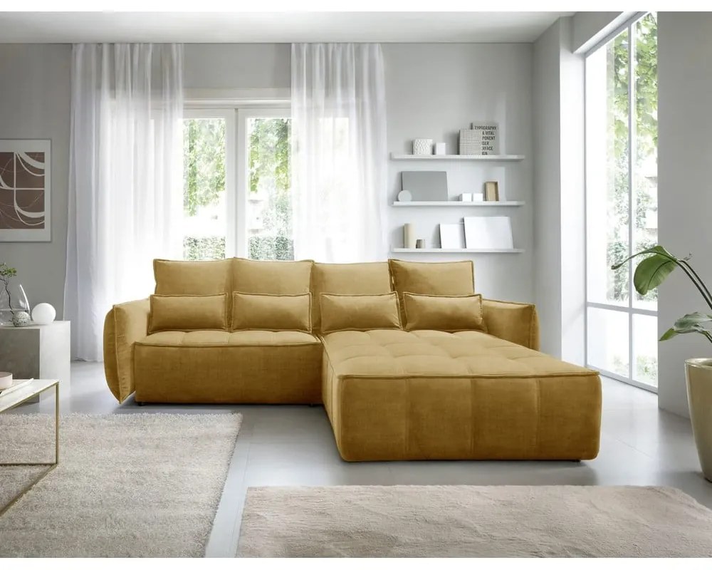 Sárga bársony kinyitható-tárolóhelyes sarokkanapé (jobb oldali-heverő résszel) Campo – ELTAP