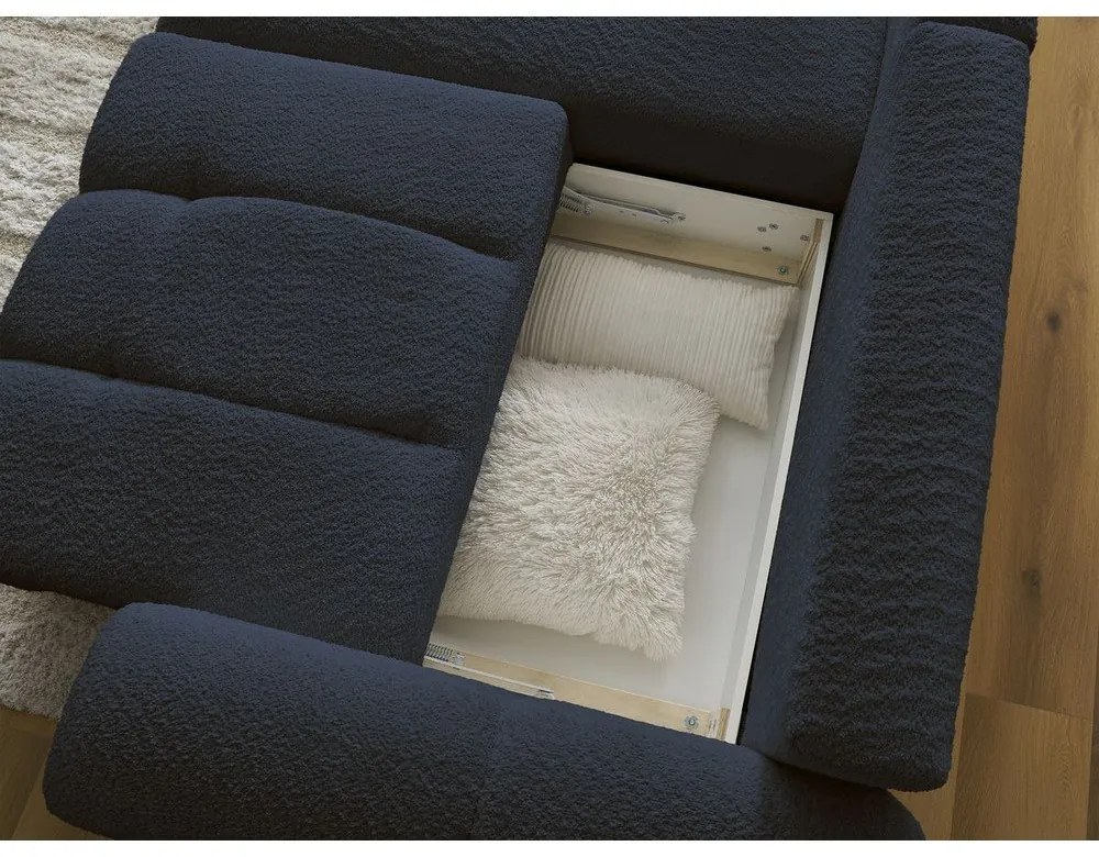 Kék buklé kinyitható-tárolóhelyes sarokkanapé (bal oldali-heverő résszel) Roxelane – Bobochic Paris