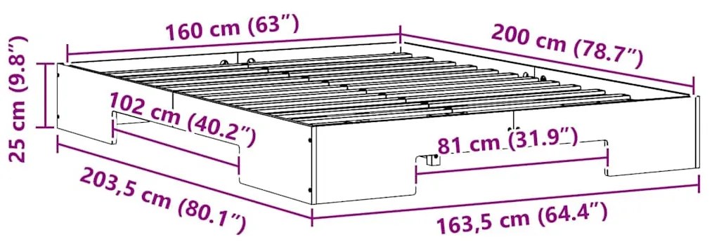 vidaXL Földi ágykeret tárolóval Fehér 160 x 200 cm Tömör fenyőfa
