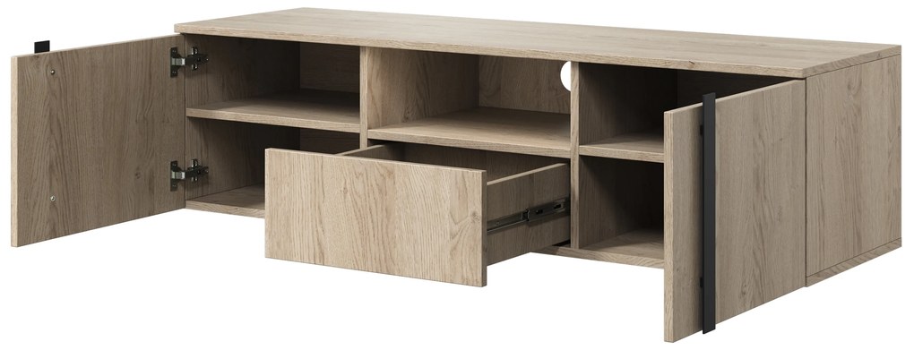 Verica 150 cm-es TV-szekrény, falra szerelhető, nyitott polccal - szivacsos-tölgy / fekete fogantyúk