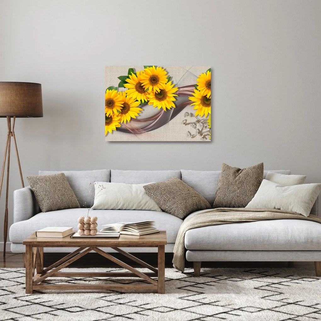 Kép - Ragyogó napraforgó virágok (üvegen) (70x50 cm)