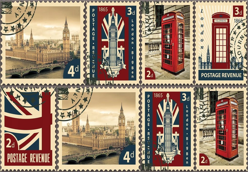 Fotótapéta London Retro Big Ben fülke Vintage bélyegek Anglia 400x280 +ragasztó