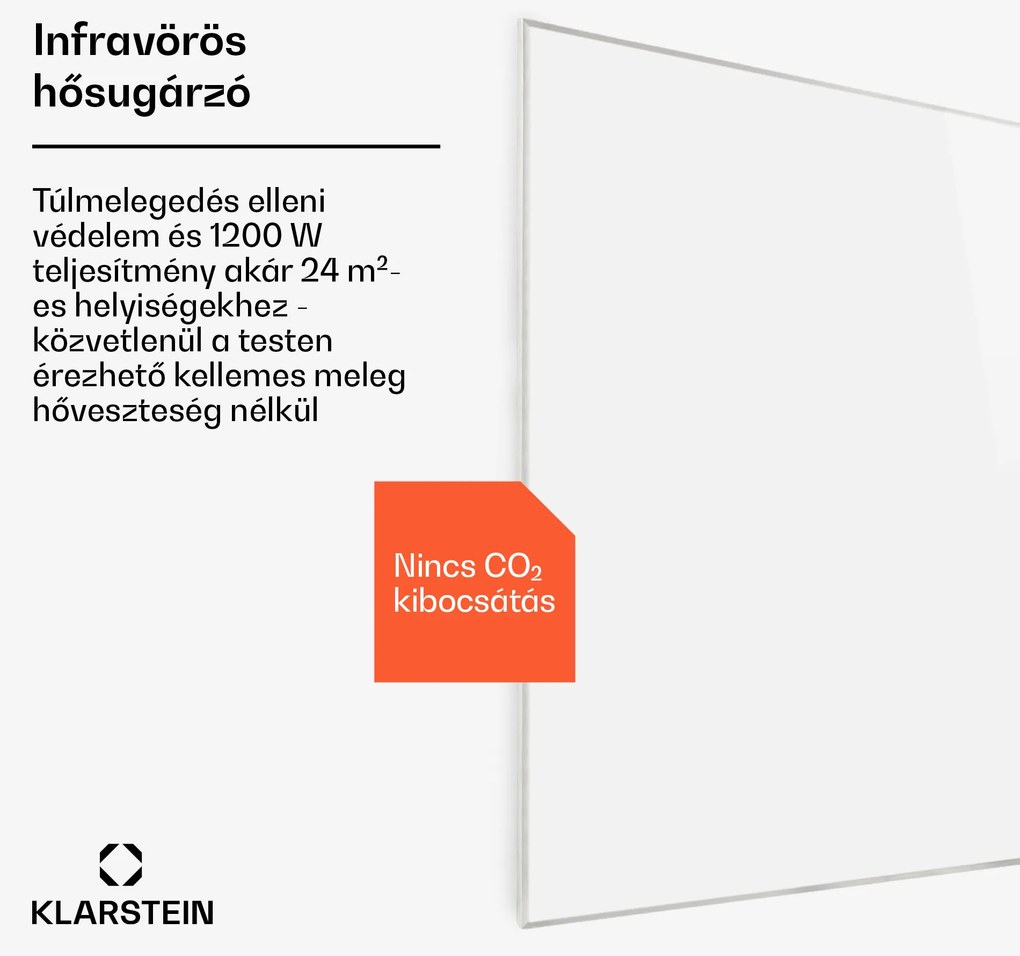 Klarstein Wonderwall 1200 Smart, infravörös hősugárzó, 100 x 120 cm, 1200 W, heti időzítő, IP24, fehér