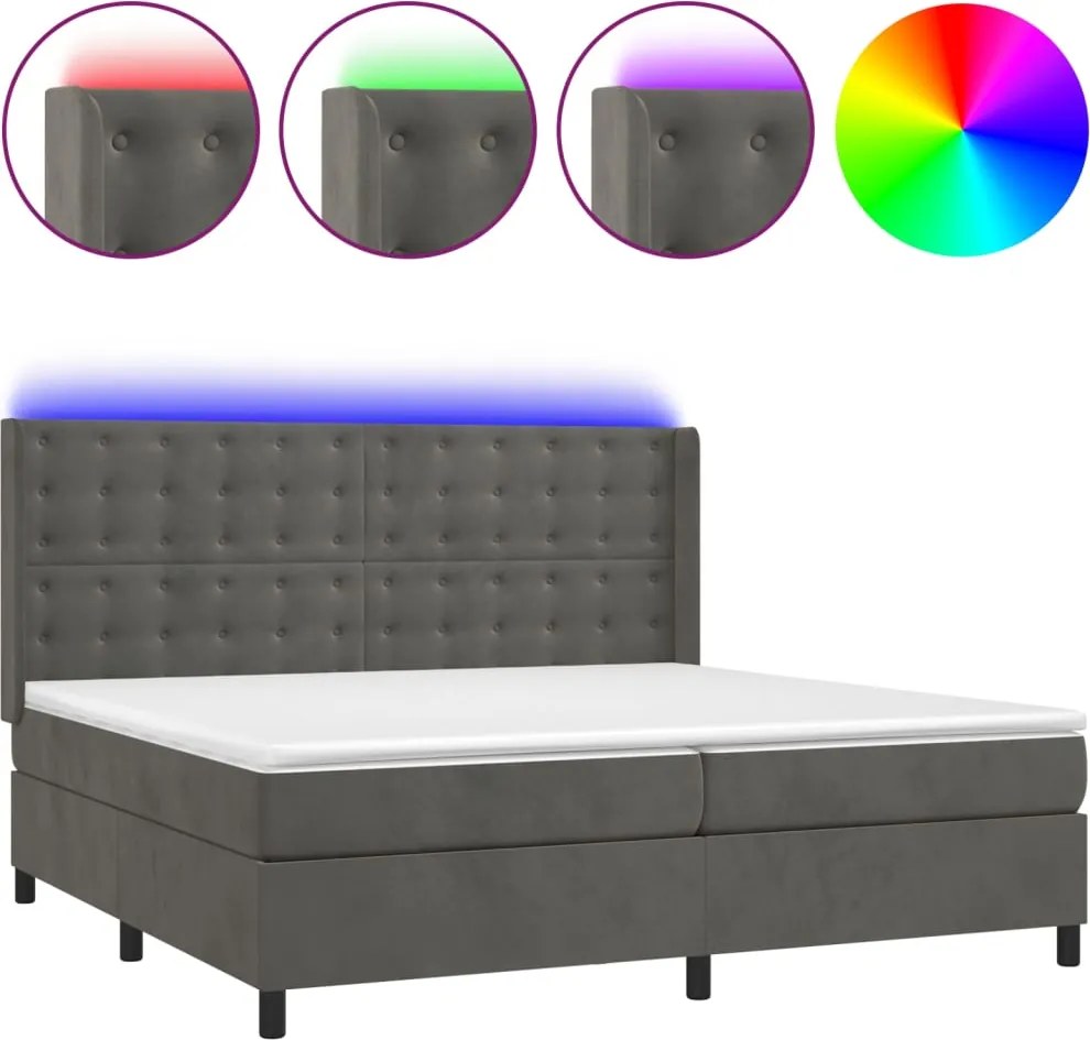 vidaXL sötétszürke bársony rugós és LED-es ágy matraccal 200x200 cm