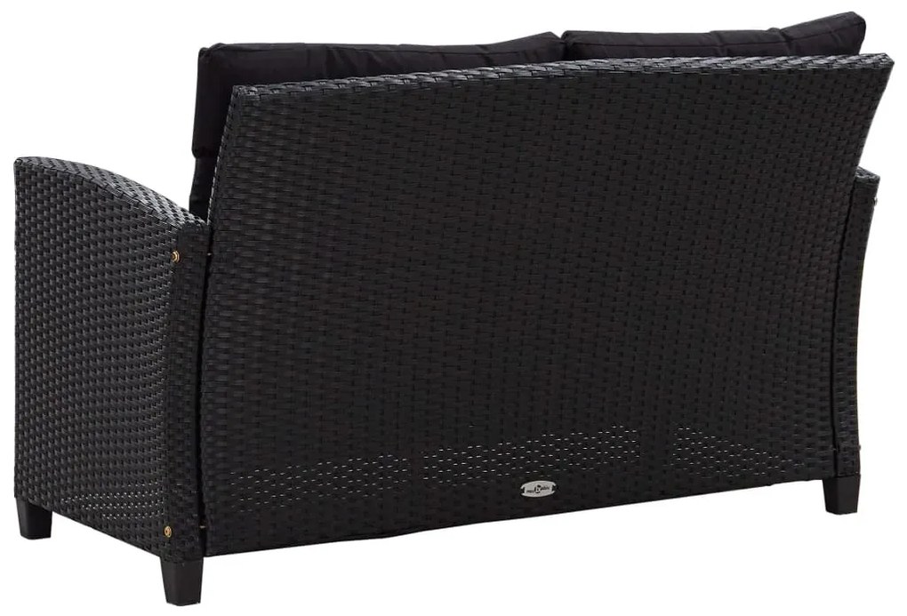 Fekete polyrattan kétszemélyes kerti kanapé párnákkal 124 cm