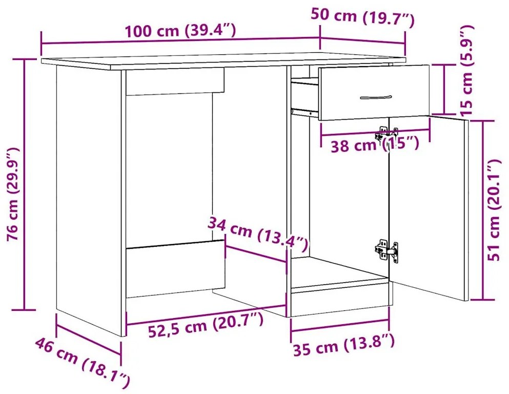 antik fa színű szerelt fa íróasztal 100 x 50 x 76 cm