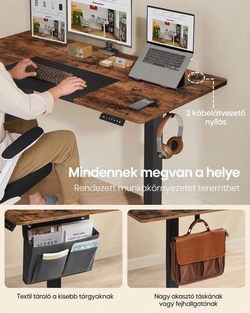 Elektromosan állítható magasságú íróasztal, 140 x 60 cm, 4 memóriahellyel, USB-C töltőporttal és tárolózsebbel, vintage barna és fekete