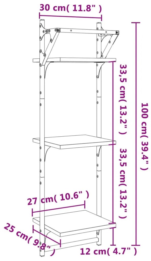 2 db 3 szintes barna tölgy színű fali polc rúddal 30x25x100 cm