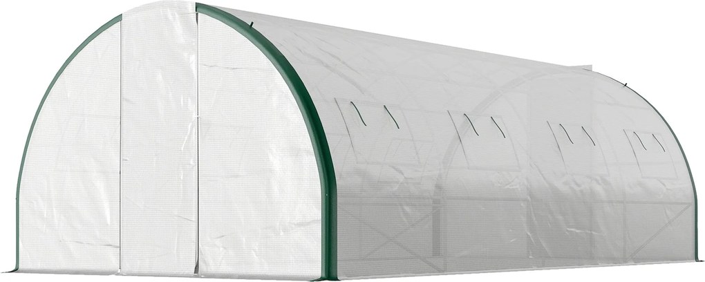 Outsunny 6x3m Alagút Üvegház 2 Zsanéros Ajtóval és 8 Ablakkal, Kert Üvegház PE-ből, Poliészterből és Horganyzott Acélból, Fehér és Zöld | Aosom