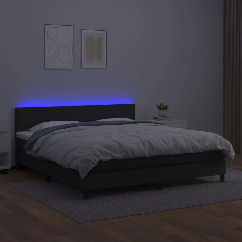 fekete műbőr rugós ágy matraccal és LED-del 160x200 cm