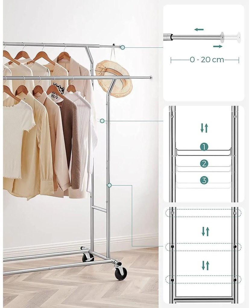 Gurulós ruhaállvány 110kg teherbírással, króm 129-169 cm között állítható