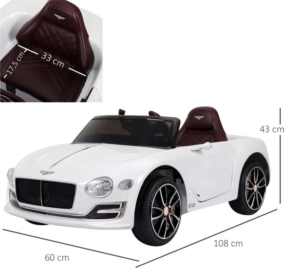 HOMCOM Elektromos gyerekautó Bentley GT, 2.4G távirányítóval, MP3, zene, kürt, LED fények, fehér