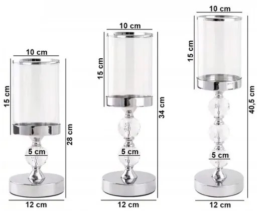 3 db-os, fényes króm gyertyatartó szett