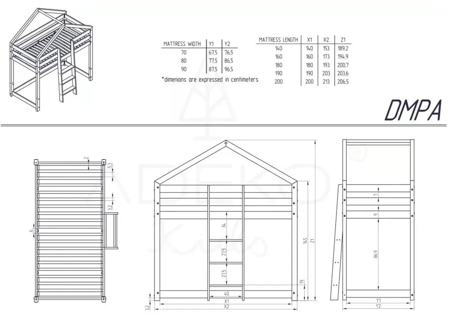 Mila DMPA házikó emeletes ágy borovi fenyőfából, 90 x 180 cm - Adeko