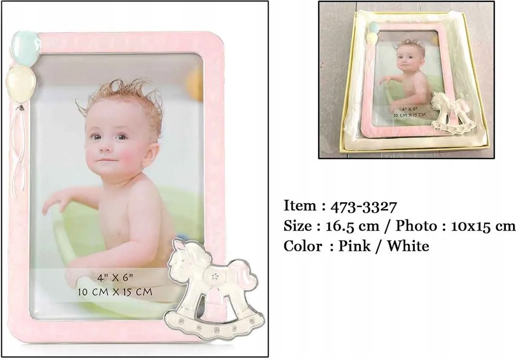 Képkeret fém ezüst rózsaszín lufi ló születésnap